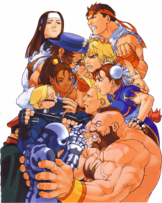 Artwork for Street Fighter EX of old and new characters facing off