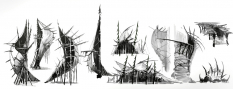 Concept art of building concepts for Guild Wars 2 by Kekai Kotaki