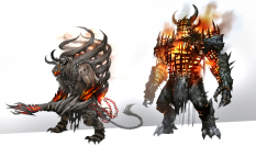 Concept art of charr flamer and fire construct for Guild Wars 2 by Kekai Kotaki