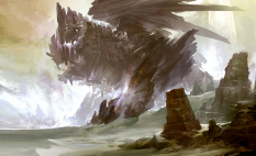 Concept art of rock dragon for Guild Wars 2 by Kekai Kotaki