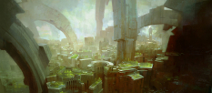 Concept art of cityscape for Guild Wars 2 by Thomas Scholes