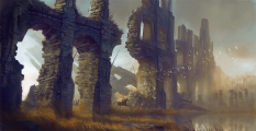 Concept art of regrown aquaduct ruins for Guild Wars 2 by Levi Hopkins