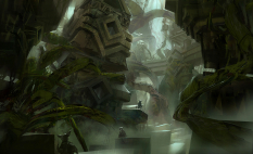Concept art of wetland asura ruins for Guild Wars 2 by Levi Hopkins