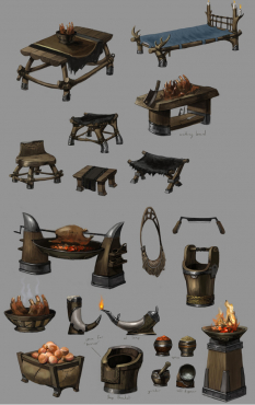 Concept art of norn set dressing for Guild Wars 2 by Brian Lawver
