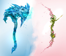 Concept art of axe and bow for Guild Wars 2 by Kekai Kotaki