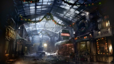Concept art of a trashed Mall from Batman: Arkham Origins