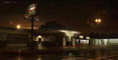 Concept art of a gas station from Beyond: Two Souls by Geoffroy Thoorens