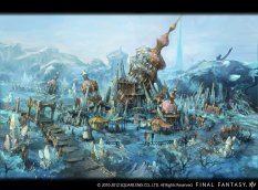 Concept art of Mountain and Lake Area Village Ruins from Final Fantasy XIV: A Realm Reborn