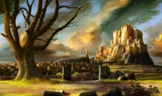Concept art of a castle town from Dragon's Crown