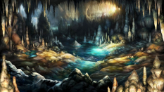 Concept art of a watery cave from Dragon's Crown