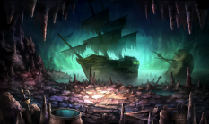 Concept art of a wrecked ship from Dragon's Crown