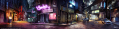 Concept art of a Gotham street from Injustice: Gods Among Us by Hunter Schulz