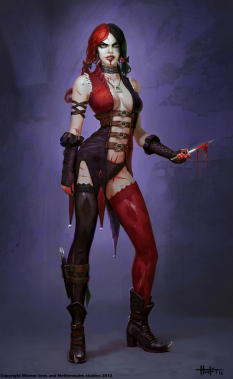 Concept art of a bloodied Harley Quinn from Injustice: Gods Among Us by Hunter Schulz