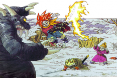 Concept art of Crono, Frog and Marle fighting a monster from Chrono Trigger by Akira Toriyama