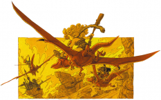Concept art of Crono, Robo and Ayla flying on prehistoric birds from Chrono Trigger by Akira Toriyama