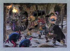 Concept art of Crono, Robo and Frog traversing through a dungeon from Chrono Trigger by Akira Toriyama