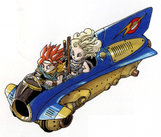 Concept art of Crono and Ayla in the jetbike from Chrono Trigger by Akira Toriyama