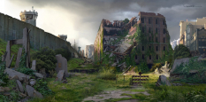 Concept art of a behind the wall town church from The Last of Us by Aaron Limonick