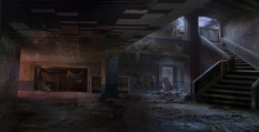 Concept art of a building interior from The Last of Us by Aaron Limonick