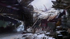 Concept art of a collapsed shack interior from The Last of Us by Aaron Limonick