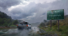 Concept art of driving to pittsburgh from The Last of Us by Aaron Limonick