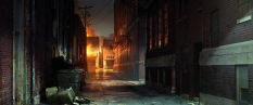 Concept art of an alley from The Last of Us by John Sweeney