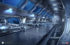 Concept art of an arrival hall from Mass Effect 2 by Brian Sum