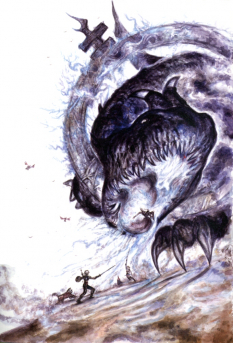 Battling The Ring Wyrm concept art from Final Fantasy XII by Yoshitaka Amano