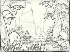 Village concept art from Jak and Daxter: The Precursor Legacy by Bob Rafei
