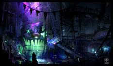 Joker Puzzle Entrance concept art from Batman: Arkham Origins by Virgile Loth