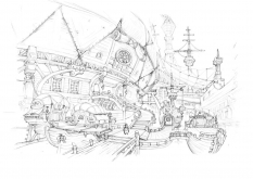 Boat Shops Sketch concept art from the video game Bravely Default