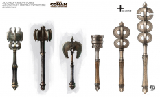 Atlantean Weapons concept art from the video game Age of Conan: Unchained by Grant Regan