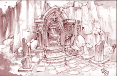 Main Entrance concept art from the video game Dungeon Runners by Joe Madureira