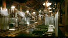 Longhouse Interior concept art from the video game inFAMOUS Second Son by Levi Hopkins