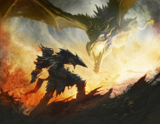 Concept art of Dragon Attack from The Elder Scrolls V: Skyrim by Ray Lederer