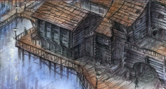 Concept art of Riften Canal Street from The Elder Scrolls V: Skyrim by Ray Lederer