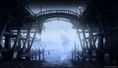 Concept art of Riften Pier from The Elder Scrolls V: Skyrim by Ray Lederer