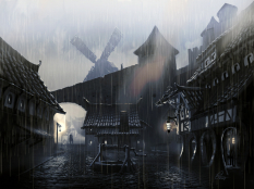 Concept art of Solitude Street Scene from The Elder Scrolls V: Skyrim by Ray Lederer