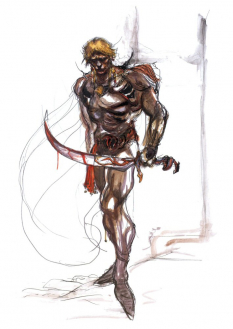 Concept art of Titan from the video game Final Fantasy Iii by Yoshitaka Amano