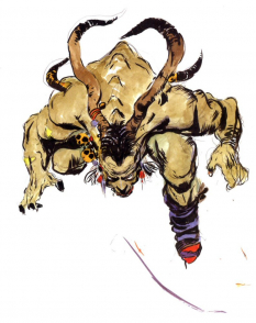 Concept art of Ifrit from the video game Final Fantasy Iii by Yoshitaka Amano