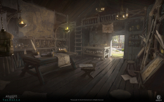 Concept art of Settlement Interiors Design from the video game Assassin's Creed Valhalla by Gilles Beloeil