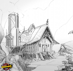 Concept art of Jakobs Lodge from the video game Borderlands 3 by Luke H