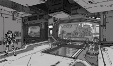 Concept art of Mining Rig Engine Room from the video game Halo 5 Guardians by Kory Lynn Hubbell