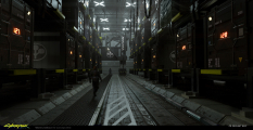 Concept art of Arasaka Warehouse from the video game Cyberpunk 2077 by Ward Lindhout