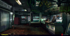Concept art of Butcher Shop In Pacifica from the video game Cyberpunk 2077 by Marta Leydy