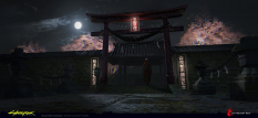 Concept art of Japan Town Shinto Shrine from the video game Cyberpunk 2077 by Masahiro Sawada