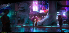 Concept art of Japantown At Night from the video game Cyberpunk 2077 by Marthe Jonkers