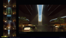 Concept art of Konpeki Plaza Zen Garden from the video game Cyberpunk 2077 by Bogna Gawrońska