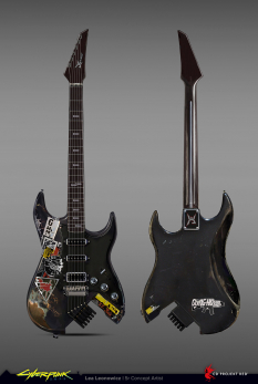 Concept art of Johnny Silverhand's Guitar from the video game Cyberpunk 2077 by Lea Leonowicz