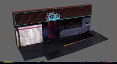 Concept art of Shop Facade from the video game Cyberpunk 2077 by Michal Lisowski